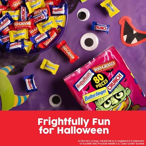 Butterfinger, CRUNCH, Baby Ruth, 100 Grand Fun Size, Assorted Candy Bars, Great for Sharing, Bulk 80 Count Pack, 32.1 oz