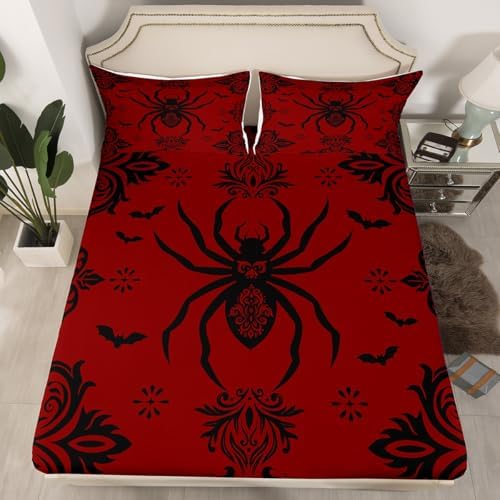 Black Red Spider Bed Sheet Queen Size Boho Paisley Sheets Sets Adults Bedroom Decor Bat Pattern Microfiber Bedding Set with Flat,Fitted Sheet,2 Pillow Cases
