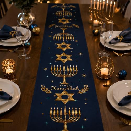 Hanukkah Decorations - Navy Blue Gold Hanukkah Table Runner