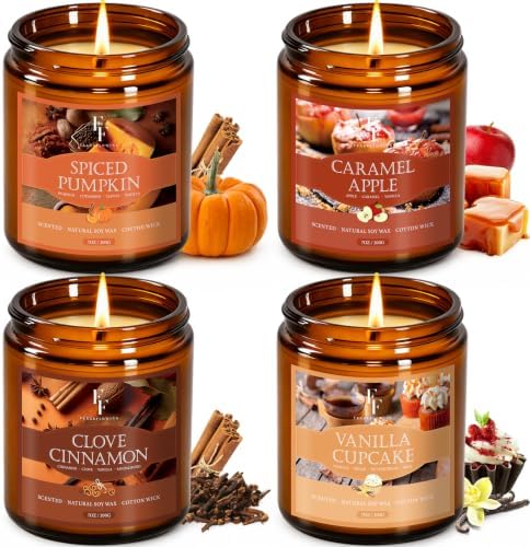 Fall Candles Set, 4 Pack Candles for Home Scented Natural Soy Wax, Autumn Gifts Set for Women Men, Fall Fragrance of Pumpkin/Cinnamon/Vanilla Cupcake/Apple