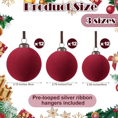 Foilswirl 36 Pcs Wine Red Velvet Christmas Balls, 2.36", 2.76", 3.15"