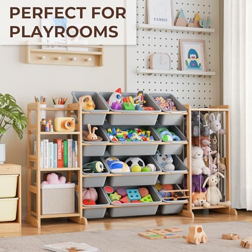 Toy Storage Organizer with Bookshelf and Stuffed Animal Storage - Kids Playroom Organization with 3 Shelves and 12 Toy Bins - Toddler Living Room Toy Box for Lego - Nursery Bedroom Decor Essential