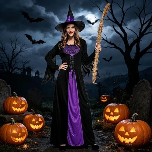 Colorful House Women Wicked Witch Costume Dress with Hat for Halloween