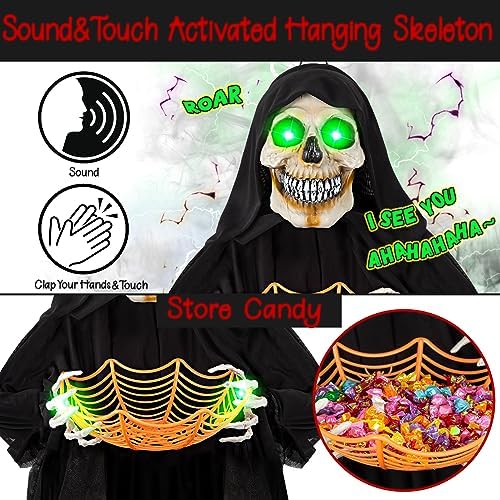 71” Halloween Hanging Animated Skeleton Ghost Decoration with Sound Activated, Candy Dish, Glowing Eyes, Spooky Sounds for Halloween Haunted House Prop and Party Decor, Indoor/Outdoor Display
