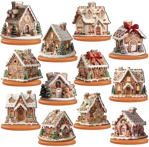 Leinuosen 12 Pcs Gingerbread Christmas Table Decoration Gingerbread House Tiered Tray Decor Wooden Ginger Bread Village Centerpiece Farmhouse Xmas Decor for Home Kitchen Coffee Bar Shelf Indoor