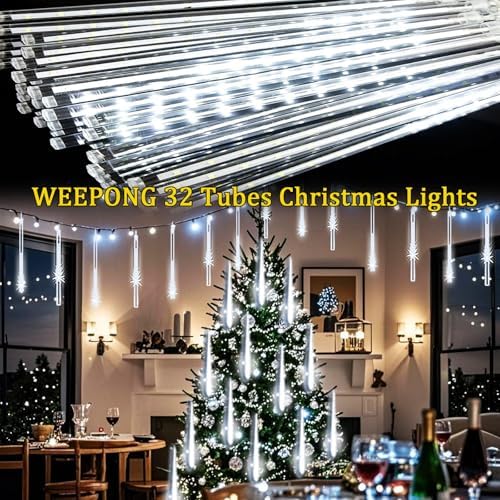 Weepong Meteor Shower Lights, Christmas Decorations Outdoor 32 Tubes White