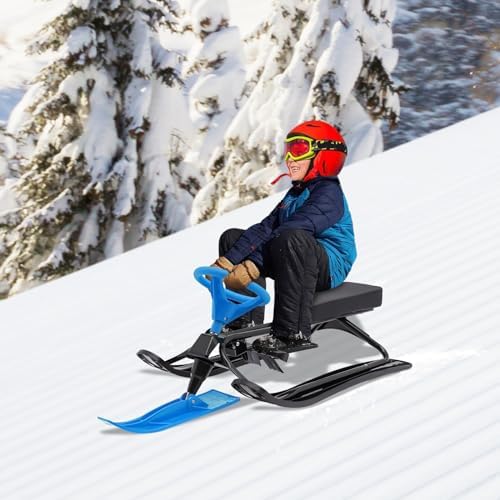 Snow Racer Sled, Snow Sledge with Steering Wheel, Twin Brakes, Snow Sled for Teens Kids Age 3-15, Ski Sled Slider Board for Skiing, Ice Skating, Sand Skating Blue
