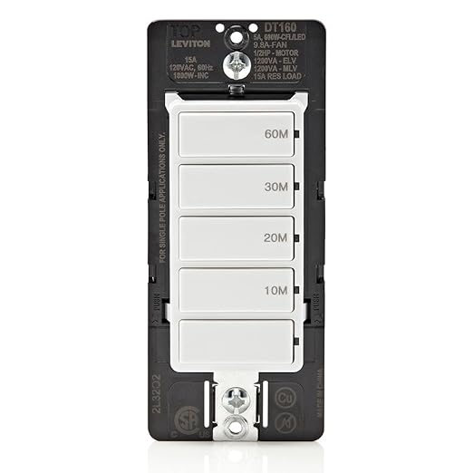 Leviton Countdown Timer Switch for bathroom fan and household lights, 10-20-30-60 min, No Neutral Required, Single Pole, 15A, 1/2HP/9.8A Fan/Motor, DT160-1LW, White