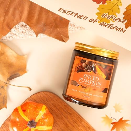 Fall Candle, Spiced Pumpkin Scented Candles for Home, Natural Soy Autumn Candle Aromatherapy Candle, 7 oz Jar Candles Fall Gifts for Women Men