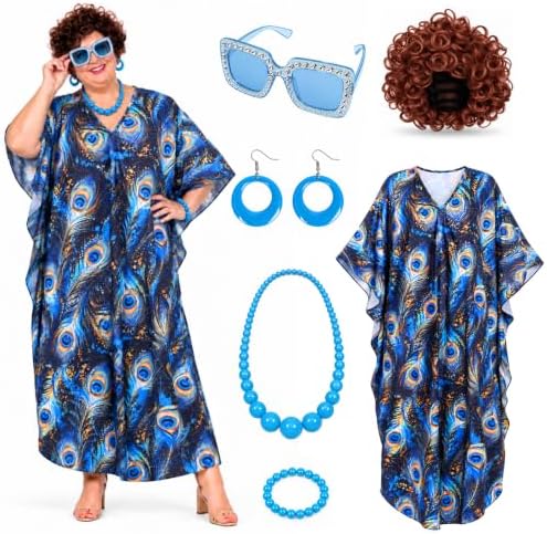 Women's Landlady Costume, 6-Piece Caftan Dress Curly Wig Jewelry & Sunglass
