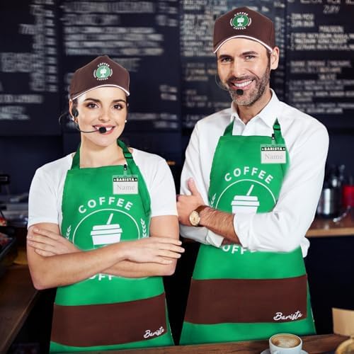 Kyson Halloween Barista Costume for Couples 2 Pack Of Green Arons and Cap Café Attendant Uniforms Coffee Maker Outfit