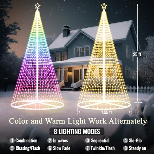 Riakrum 25ft-4072 LED Flagpole Christmas Tree Lights Outdoor Decorations with Star Topper, 8 Lighting Modes Pre-lit LED Flagpole Christmas Lights Multicolor, Outside Yard Holiday Display