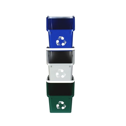 Multi Bin Recycling System with Three Stackable 6 Gallon Recycle Bins for Kitchen Use – Recycling Trash Can Set for Office, Garage, Businesses (3 Pack, Blue/Grey/Green)