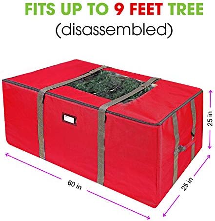 ProPik Rolling Christmas Tree Storage Bag, Fits Up to 9 Foot Tall Disassembled Trees, 25" X 25" X 60", Extra Large Heavy Duty Xmas Container with Wheels, Handles and Straps (Red)