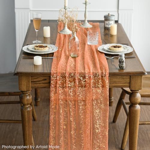 Artoid Mode Orange Gold Gauze Table Runner 59x120 Inch 10FT, Glitter Metallic Foil Sheer Dining Wedding Anniversary Holiday Table Decor for Home Party