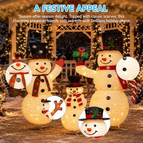 Hykolity 3.7 FT Collapsible Pop-Up 3D Lighted Snowman Family Set of 3, Outdoor Christmas Snowman Decorations with 250 Warm White LED Lights for Yard, Lawn and Porch