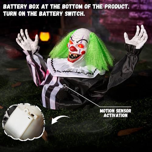 Halloween Animatronics Clown Decorations Outdoor, Animated Groundbreaker Clown Scary Talking Clowns with Sound & Motion Activated, Lighted Eyes, Creepy Sound, Movable Arms for Graveyard Haunted House