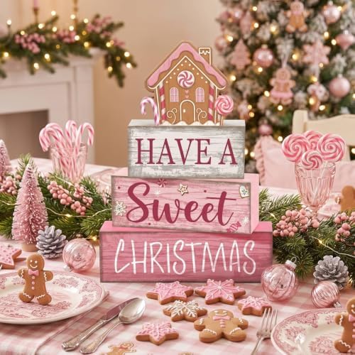 Lineshading 4 Pcs Pink Christmas Table Decor, Sweet Gingerbread Block Sign