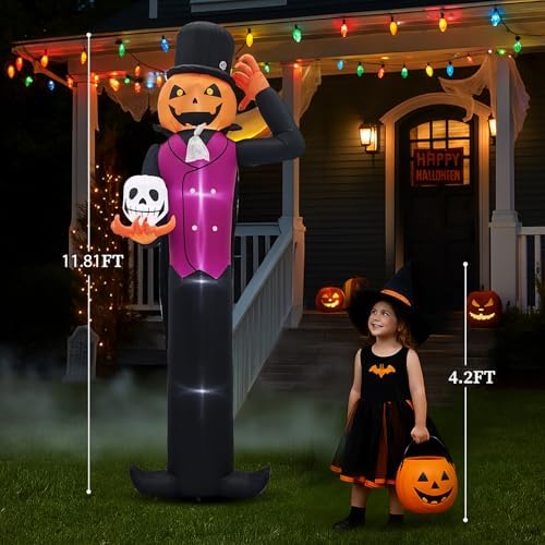 Outvita Halloween Inflatables Giant Pumpkin Vampire 12FT Holding Skull, Giant Blow Up Outdoor Decoration with LEDs, Large Halloween Decor for Yard, Party, Garden, Party, Garden