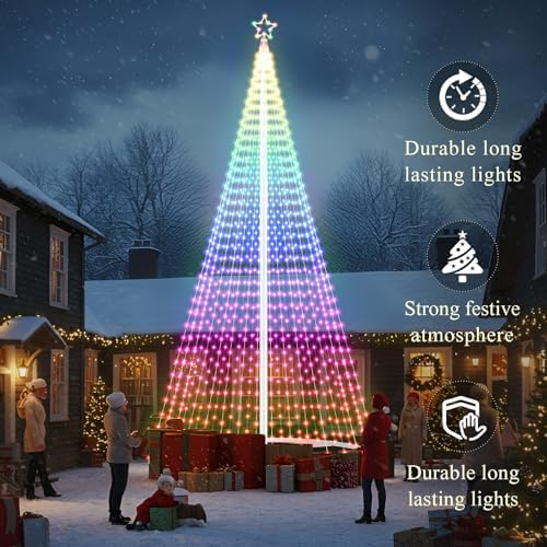 Riakrum 15ft-2167 LED Flagpole Christmas Tree Lights Outdoor Decorations with Star Topper, 8 Lighting Modes Pre-lit LED Flagpole Christmas Lights Multicolor, Outside Yard Holiday Display