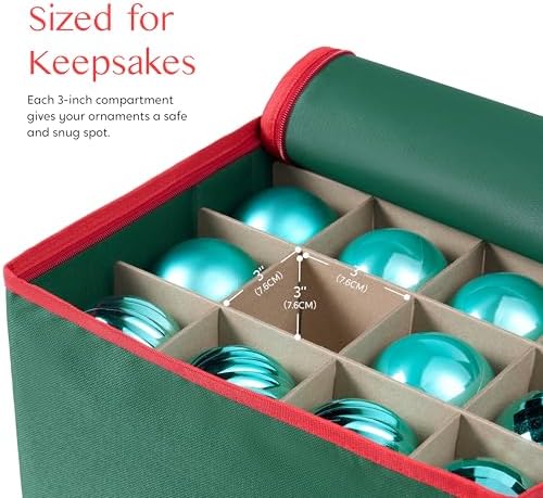 Joiedomi Christmas Ornament Storage Box with Adjustable Divider & Dual Zipper - Christmas Storage Container Store Up to 64 Holiday Ornaments 3 Inch - Holiday Decoration Organizer Two Handles Green