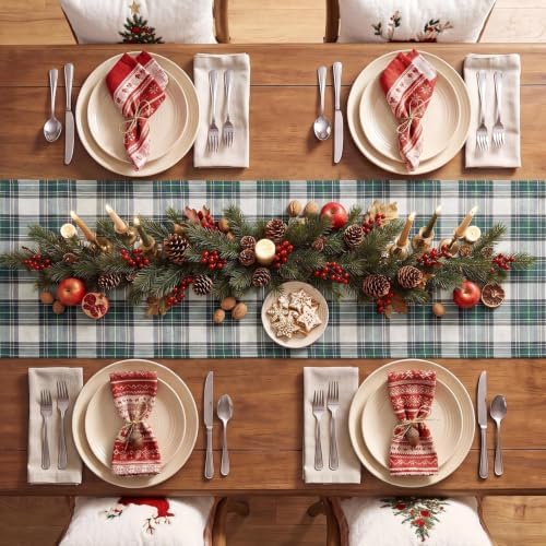 Softalker Christmas Checkered Table Runner, Green and White, 13 x 90 Inch