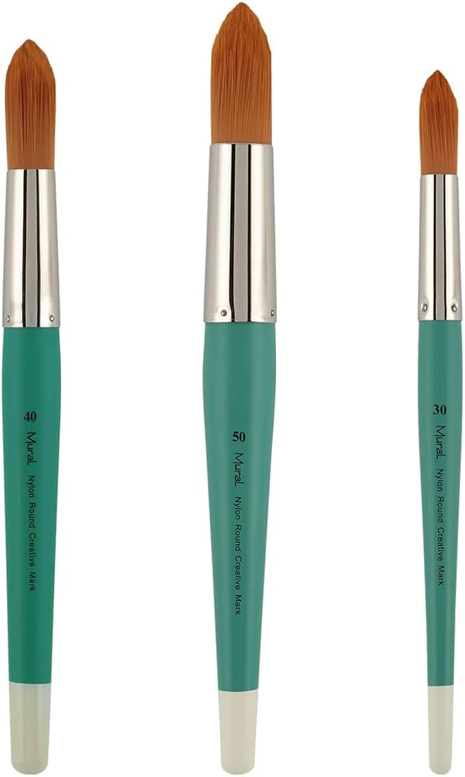 Creative Mark Art Supplies Large Mural Synthetic Golden Taklon Paint Brush - Round #30, 40, 50 - Artist Supplies for Acrylics, Watercolors, and Oils - Durable, Resilient, Seamless Ferrules