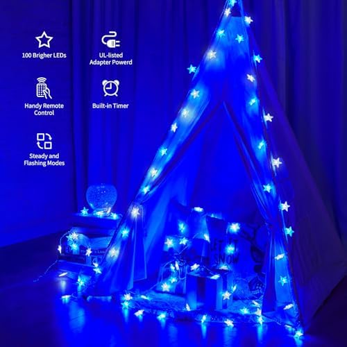 Star String Lights Plug in - 33 ft 100 LED Star Fairy String Lights with Remote and Timer, 8 Modes Waterproof for Bedroom Tent Loft Bed Window Backyard Patio Porch Balcony Staircase Party, Blue