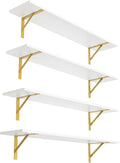 DINZI LVJ Long Wall Shelves, Set of 4, 39.4Inch Wall Mounted Shelves, Floating Shelves for wall Storage with Metal Brackets, for Living Room, Bathroom, Bedroom, Kitchen, White and Gold