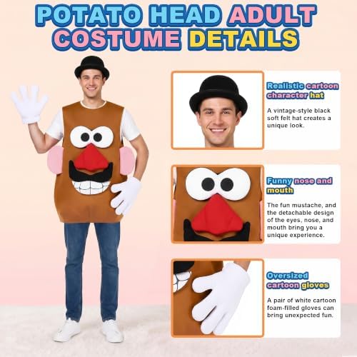 Mr/Mrs Potato Costume Cartoon Funny Halloween Couples Cosplay Tunic White Gloves Hat Detachable Parts Set for Adult