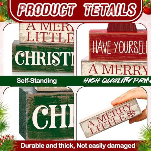 Moucuny 4 Pcs Christmas Table Decor, Wooden Red Merry Christmas Tree Signs