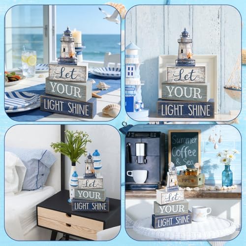 Lineshading 4 Pcs Lighthouse Coastal Decor Wooden Block Signs Rustic