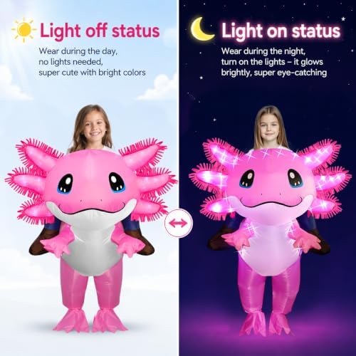 Stegosaurus Inflatable Axolotl Costume for Kids with LED Lights, Ride-On Blow Up Halloween Cosplay Outfit for Girls and Boys