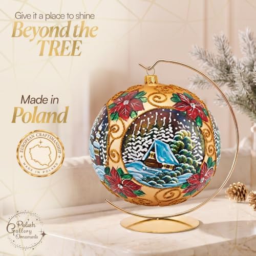 Hand Blown Glass Christmas Ornaments Ball, Golden Poinsettia 8 in + Stand