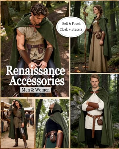 kasahara Renaissance Hooded Cloak Medieval Costume Accessories for Men Women Halloween Costume Cape Belt Pouch Bracers