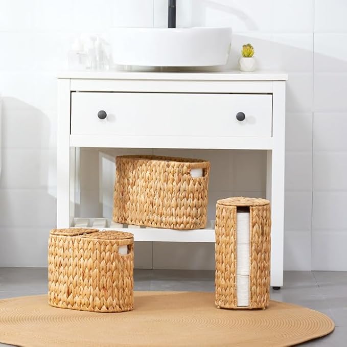Toilet Paper Storage Basket, Water Hyacinth Wicker Storage Holder for 6 Rolls Toilet Paper with Built-in Handles
