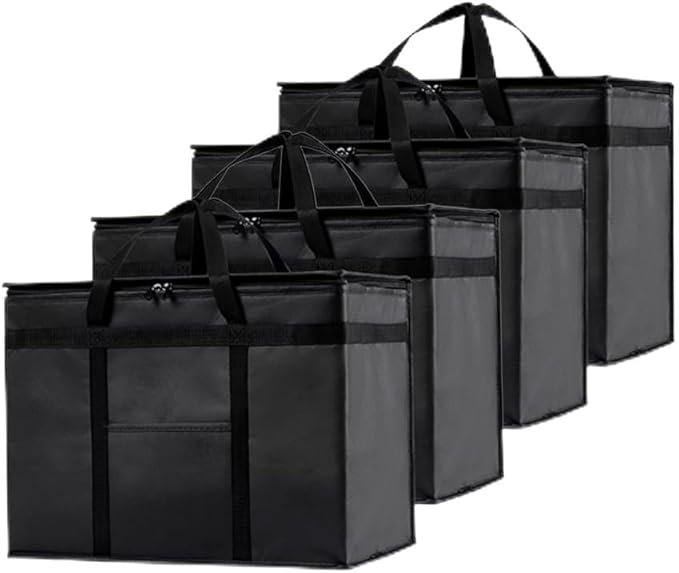 Insulated Food Bag, Portable Cooler Tote (XL Plus, Black, 4 Pack) | Large thermal bag, For cold & hot food, Soft sided cooler, Heavy duty carrier, Grocery shopping, Food delivery, Catering bag