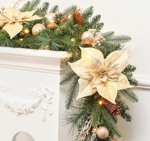 SHareconn 9FT Prelit Christmas Garland Decorations with Multi-Color LED Lights, Battery-Operated Timer, Lighted Garland with Ball Poinsettia for Mantle Table Fireplace Stairs Railing Indoor Decor