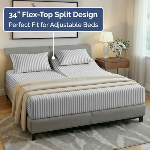 Flex Top Split Head King 4 Piece Sheet Set - Soft & Cooling - Grey Stripes