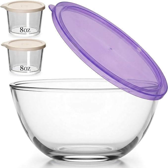 Large Glass Bowl for Sourdough Bread Making with Lid, 5Quart Deep Big Glass Bowl Large Salad Bowl with 8oz Small Bowls(Purple)