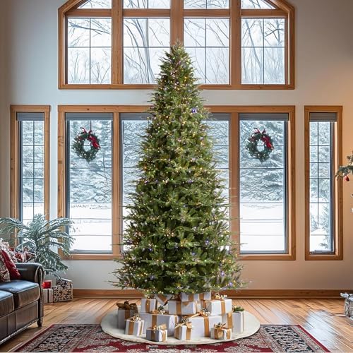 Glitzhome Artificial Christmas Tree, 11ft Prelit Hinged Holiday Tree Majestic Evergreen Fir Xmas Tree with 3200 Warm White/Multi-Color Chasing and Twinkling Lights, 9 Function w/Foot Pedal,Easy Setup