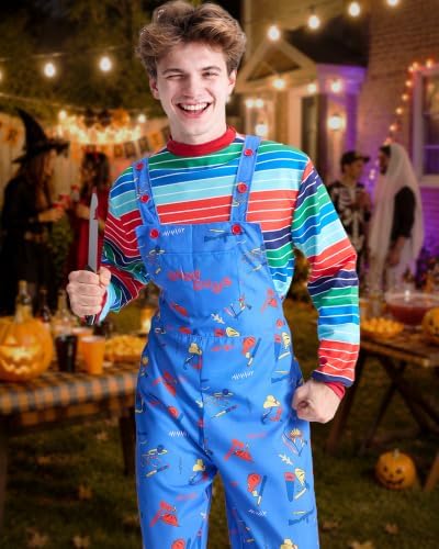 Adult Halloween Chucky Costume Striped Top Overalls Knife Tattoo Scars