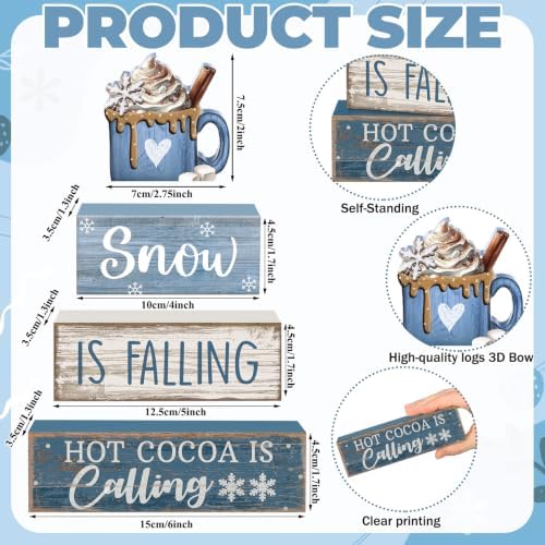 Lineshading 4 Pcs Christmas Table Decor, Blue Winter Wonderland Cocoa Sign