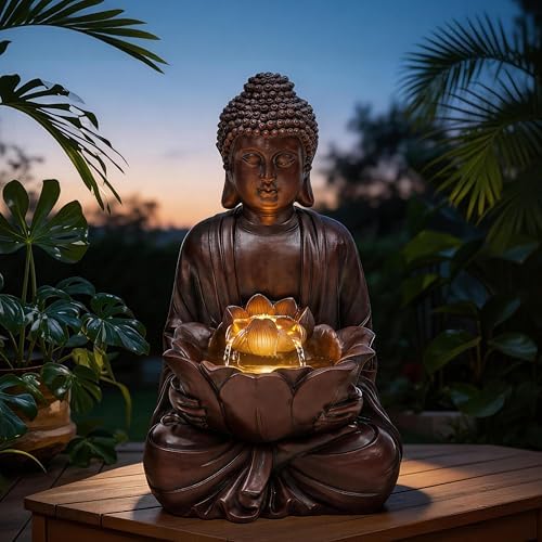 AUTODAYA 18.9" H Buddha Statue Outdoor Water Fountain with Warm LED Lights