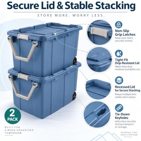 2-Pack 40 Gal Wheeled Storage Bins, Latching Lid & Pull Handle, Blue