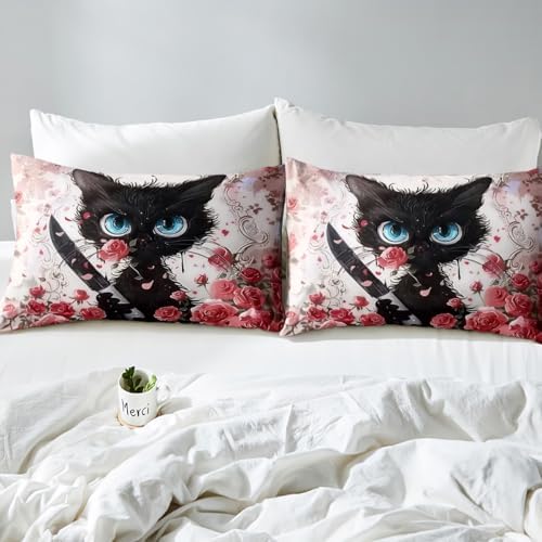 Black Cat Sheet Set,Kids Red Rose Bed Sheets Set,Cartoon Cat Bedding Set for Boys Teens Sheets Soft Room Decor Twin Size(1 Flat Sheet+1 Fitted Sheet+1 Pillowcase)