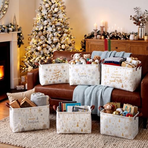 CHENGU 6 Pack Christmas Storage Basket Collapsible Christmas Wishes Basket for Gifts Holiday Decor Let It Snow Sign Large Gold Bin Foldable Xmas Tree Box with Handle for Bedroom Office Home