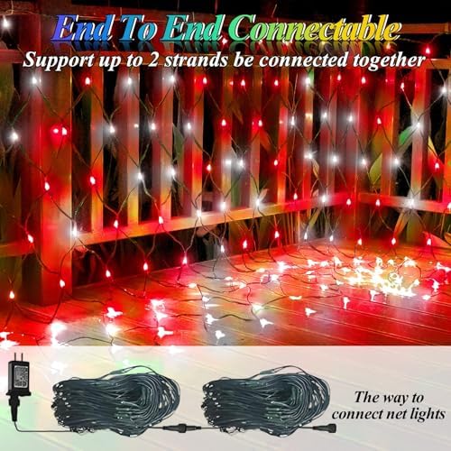Lovelite Christmas Net Lights Red & White, 14.8ft x 5ft 300LED Mesh Lights Outdoor Green Wire 8 Modes Timer, Waterproof Connectable String Lights for Bushes Xmas Tree Garden Holiday Party Decor