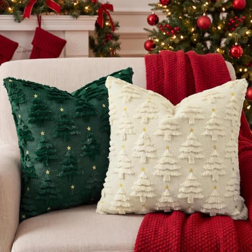 Softalker Christmas Pillow Covers 20x20 Set of 2, Green Xmas Tree Decor