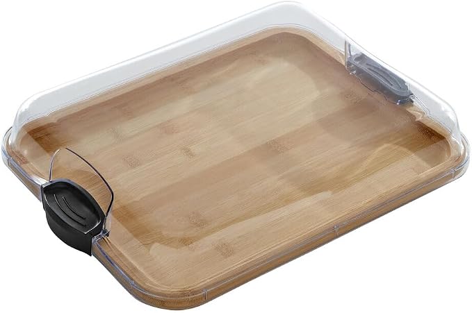 FAREBERWARE Build-A-Board Bamboo Cutting Board with Single Storage Compartment, Clear Locking Lid, Black Handles, Perfect for Charcuterie & Snacks, Pack of 2